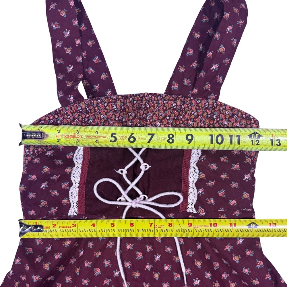 Vtg Sears Roebuck Prairie Dress Girls 12.5 Burgundy Floral Corset Lace Boho Folk - Picture 8 of 10